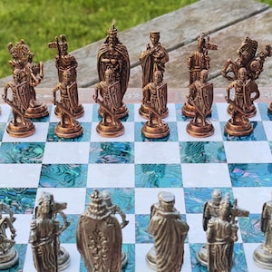 15&#39;&#39; Handmade Personalized Chess Set with Storage – Custom Wooden Chess Board with Metal Pieces – Gift for Dad, Husband, Him or Birthday