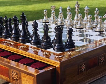 Personalized Handmade Chess Set, Handmade Chess Set Wooden Board Game, Gifts for Him Chess Board and Pieces, Metal Chess Pieces