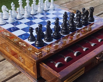 15&#39;&#39; Handmade Chess Set with Storage – Personalized Wooden Board – Great Gift for Chess Lovers – Birthday or Father’s Day