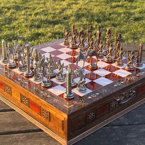 Personalized chess set Handmade Personalized Gift Wooden Chess Set Customized Chess Board with Storage, Metal Theme Chess Pieces, Chess Coll