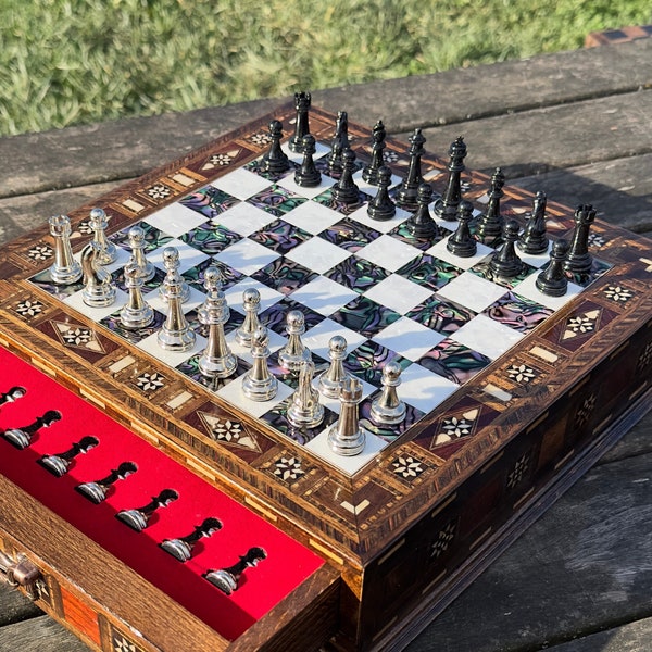 Wooden Handmade Chess Set, Personalized Wooden Chess Board with Storage Metal Theme Chess Pieces, Decorative Chess Set