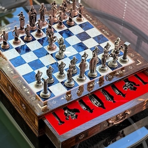 Juego de ajedrez de madera de lujo hecho a mano con almacenamiento: tablero de ajedrez personalizado, regalo de Navidad.