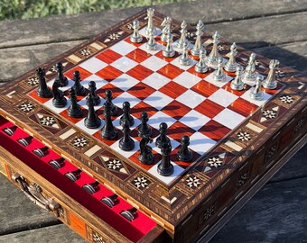 Personalized Collectible Chess Set, Wooden Chess Board with Storage, Decorative Chess Set, Chess Set Handmade, Home Decor, Birthday Gift Him