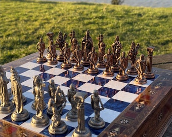 Gepersonaliseerde handgemaakte schaakset / handgemaakt schaak / houten bordspel / cadeaus voor hem / schaakbord en stukken / cadeau voor hem