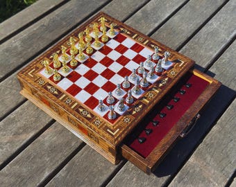 Handmade Chess Set Valentines Day Gift, Personalized Wooden