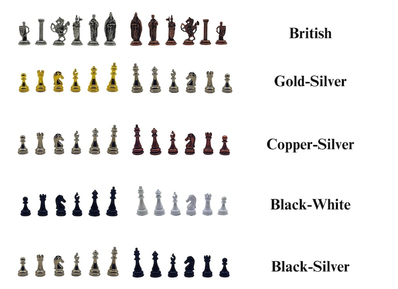 Ręcznie robiony drewniany zestaw szachowy z miejscem do przechowywania: spersonalizowane gry planszowe do przechowywania prezentów świątecznych, metalowe figury Only Chess Pieces
