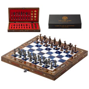 Personalized Handmade Wooden Chess Set: Metal Pieces & Olive Wood Checkers