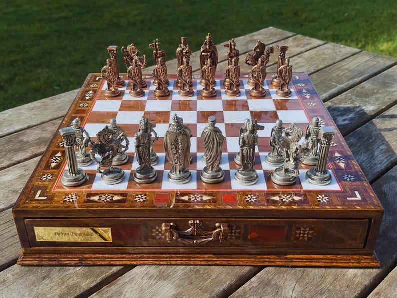 Luxury Handmade Wooden Chess Set with Storage - Personalized Chess for Christmas Gift, Metal Pieces