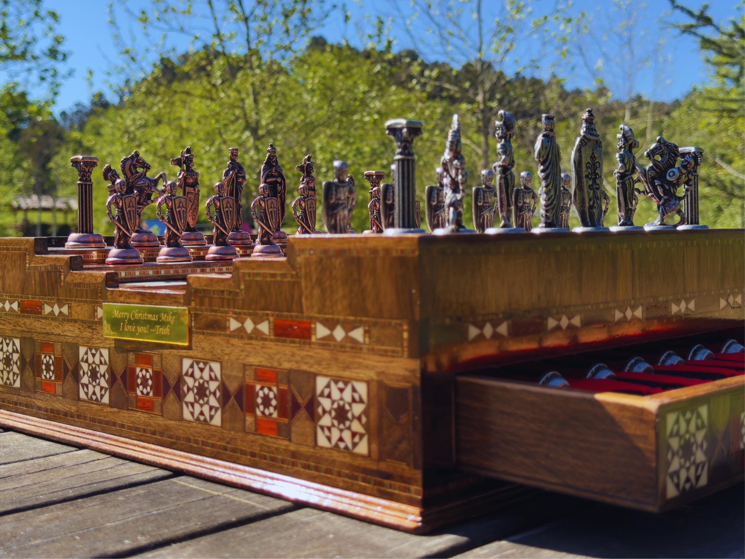 Personalized Handmade Luxury Chess Set – 16.5'' Wooden Chess Board with Metal Pieces & Storage – Father’s Day Gift for Him – Birthday Gift