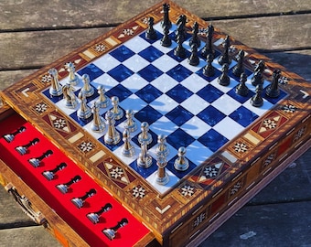 Handmade Chess Set Valentines Day Gift, Personalized Wooden