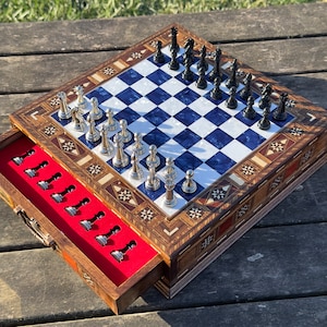Handmade Chess Set Valentines Day Gift, Personalized Wooden Chess Board with Storage, Decorative Chess Set, Home Decor, Birthday Gift Him