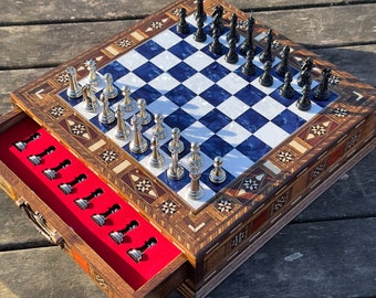 Handmade Chess Set Valentines Day Gift, Personalized Wooden Chess Board with Storage, Decorative Chess Set, Home Decor, Birthday Gift Him