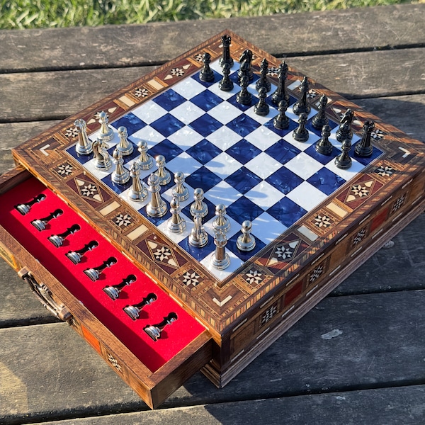 Handmade Chess Set Valentines Day Gift, Personalized Wooden Chess Board with Storage, Decorative Chess Set, Home Decor, Birthday Gift Him