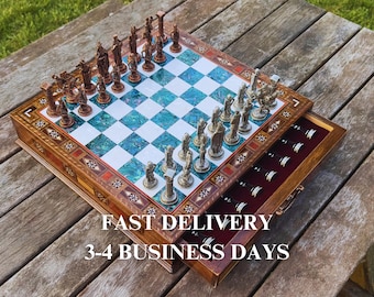 Spersonalizowany zestaw szachów z drewna – ręcznie robiona gra planszowa do gry w szachy z miejscem do przechowywania, prezent świąteczny