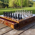 Personalized Handmade Wooden Chess Set: Metal Pieces, Built-in Storage