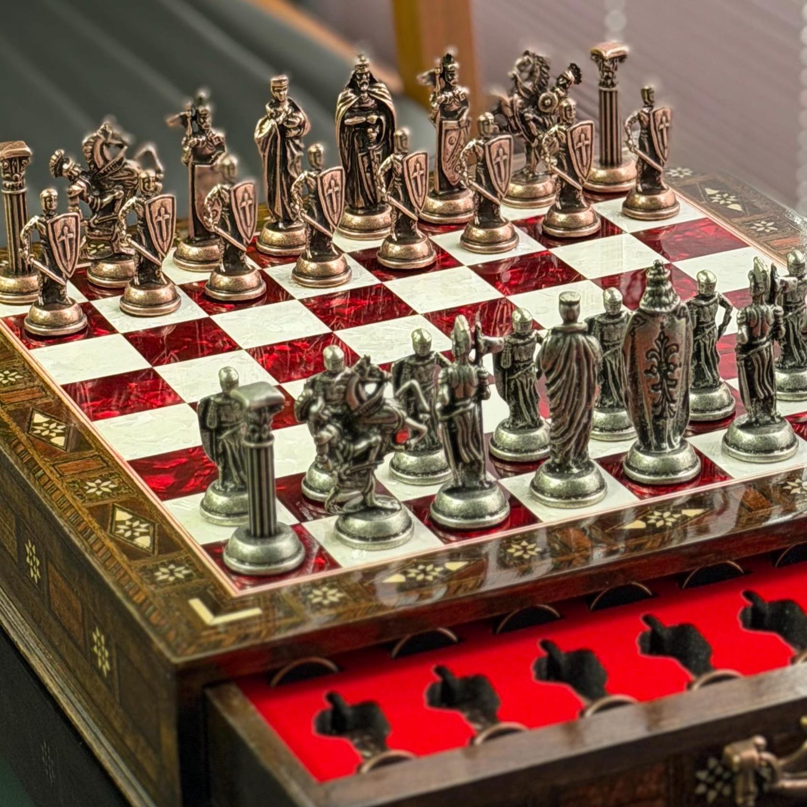 Handmade Wooden Chess Set with Storage: Personalized Christmas Gift Storage Board Games, Metal Pieces - Red, British Chess Pieces