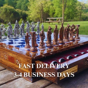 Handgefertigtes Luxus-Schachset aus Holz mit Aufbewahrung - Personalisiertes Schach für Weihnachtsgeschenk, Metallstücke