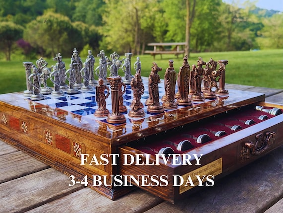 Luxury Handmade Wooden Chess Set with Storage - Personalized Chess for Christmas Gift, Metal Pieces
