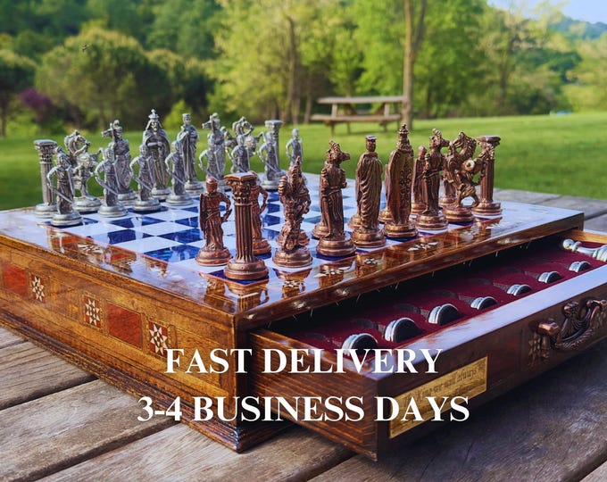 Luxury Handmade Wooden Chess Set with Storage - Personalized Chess for Christmas Gift, Metal Pieces