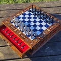 Personalized Wooden Chess Set with Storage: Handmade Storage Board, Metal Pieces