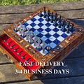 Handmade Wooden Chess Set with Storage: Personalized Christmas Gift Storage Board Games, Metal Pieces
