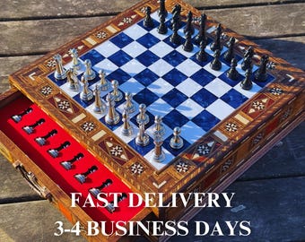 Handmade Wooden Chess Set with Storage: Personalized Christmas Gift Storage Board Games, Metal Pieces