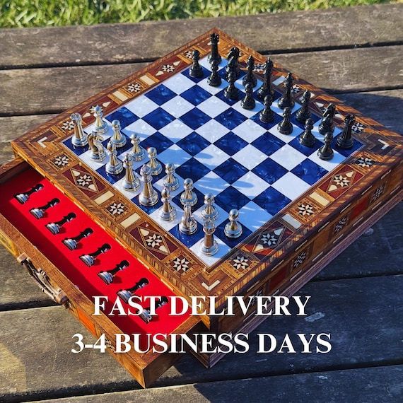Handmade Wooden Chess Set with Storage: Personalized Christmas Gift Storage Board Games, Metal Pieces
