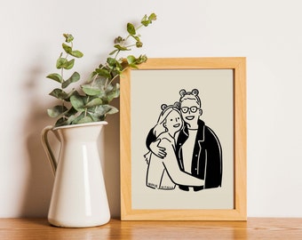 Cute Black and White Custom Couple Portrait, Family Cartoon Drawing, Personalised Wedding,Anniversary,Birthday Gift, Illustration from Photo