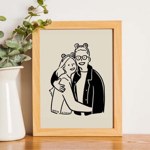 Uroczy czarno-biały niestandardowy portret pary, rysunek rodzinnej kreskówki, spersonalizowany ślub, rocznica, prezent urodzinowy, ilustracja ze zdjęcia