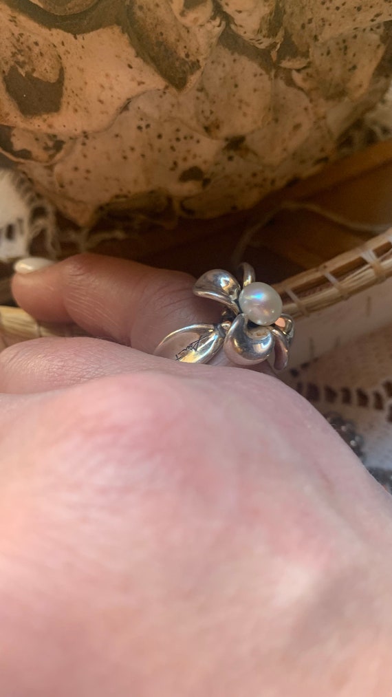 Ann King Signed Sterling Flower and Pearl Ring
