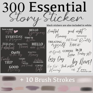 Könnte beinhalten: Digitales Produkt mit 300 essentiellen Story-Stickern in Schwarz und Weiß. Die Sticker enthalten Sätze wie "Hello Gorgeous", "Good Morning" und "Outfit of the Day" sowie 10 Pinselstriche.