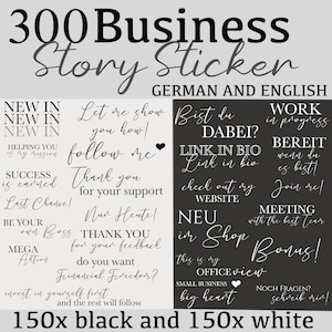 Puede incluir: Una imagen en blanco y negro con 300 pegatinas de historias de negocios. Las pegatinas presentan frases en inglés y alemán, como "Nuevo", "Sígueme", "Enlace en bio", "Trabajo en progreso", "Reunión con el mejor equipo" y "¡Bono de tienda!"