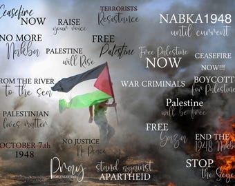 May include: A black and green Palestinian flag is held up in the air by a person. The flag is surrounded by text in white, including "Free Palestine", "Ceasefire Now", "War Criminals", "Boycott for Palestine", "Palestine will be free", "Stand against Apartheid", "Pray for Palestine", "No Justice No Peace", "From the River to the Sea", "Palestinian Lives Matter", "October 7th 1948", "Nabka 1948 until current", "End the 1948 Nakba", "Stop the Siege", "Raise your voice", "Terrorists Resistance", and "Free Gaza".