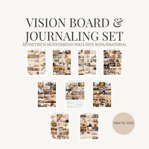 May include: A vision board and journaling set with the text "VISION BOARD & JOURNALING SET" in a dark font. The set includes several collage-style boards with various images and the text "Ideal für 2026".