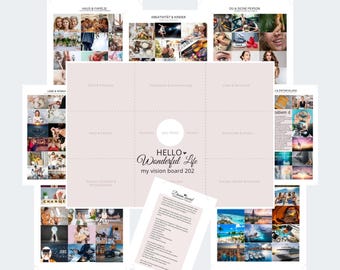 May include: A vision board template with a pink background and a grid of squares. The squares are filled with images representing different categories, such as love and romance, creativity and children, and travel and adventure. The title of the board is "HELLO Wonderful Life my vision board 202".