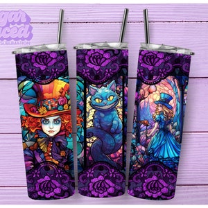 Stained Glass Alice & Friends 20oz Skinny Tumbler Sublimation Design Digital Download PNG Instant DIGITAL ONLY, Wonderland Tumbler Wrap