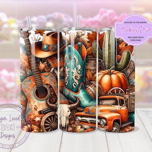May include: Three 20oz tumbler designs featuring a guitar, cowboy boot, and a truck with autumn foliage and pumpkins. The text "Freebies Drive" is included in the image.