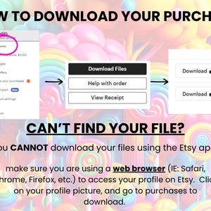K&ouml;nnte beinhalten: Eine visuelle Anleitung zum Herunterladen von Etsy-K&auml;ufen. Das Bild zeigt einen Schritt-f&uuml;r-Schritt-Prozess mit Screenshots der Etsy-Website. Der Text weist Benutzer an, einen Webbrowser und nicht die App zu verwenden, um Dateien herunterzuladen.