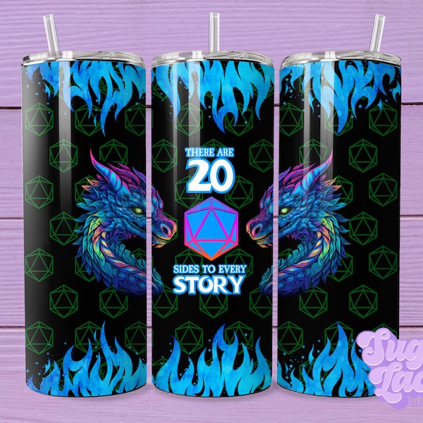 There Are 20 Sides To Every Story 20 oz Skinny Tumbler Sublimation Design Digital Download PNG Instant DIGITAL ONLY, DnD Tumbler Wrap