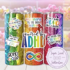 Diseño de envoltura para vaso delgado de 20 oz con conciencia del TDAH, PNG neurodivergente, descarga digital SOLAMENTE
