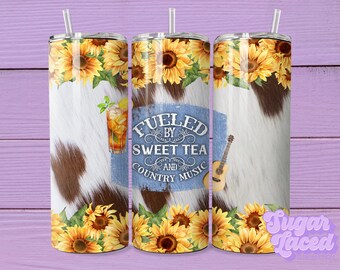 Fueled By Sweet Tea & Country Music 20 oz Skinny Tumbler Sublimation Design Digital Download PNG Instant DIGITAL ONLY, Southern Tumbler Wrap