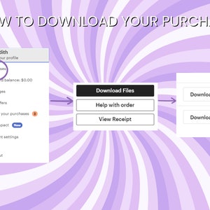 Pode incluir: Um fundo listrado roxo e branco com uma captura de tela de um site mostrando como baixar compras. O site tem um menu com op&ccedil;&otilde;es como Compras, Mensagens, Suas ofertas, Revisar suas compras, Seu impacto, Configura&ccedil;&otilde;es da conta e Sair. O site tamb&eacute;m tem um bot&atilde;o que diz "Baixar arquivos" e dois bot&otilde;es que dizem "Baixar" com um &iacute;cone de nuvem.