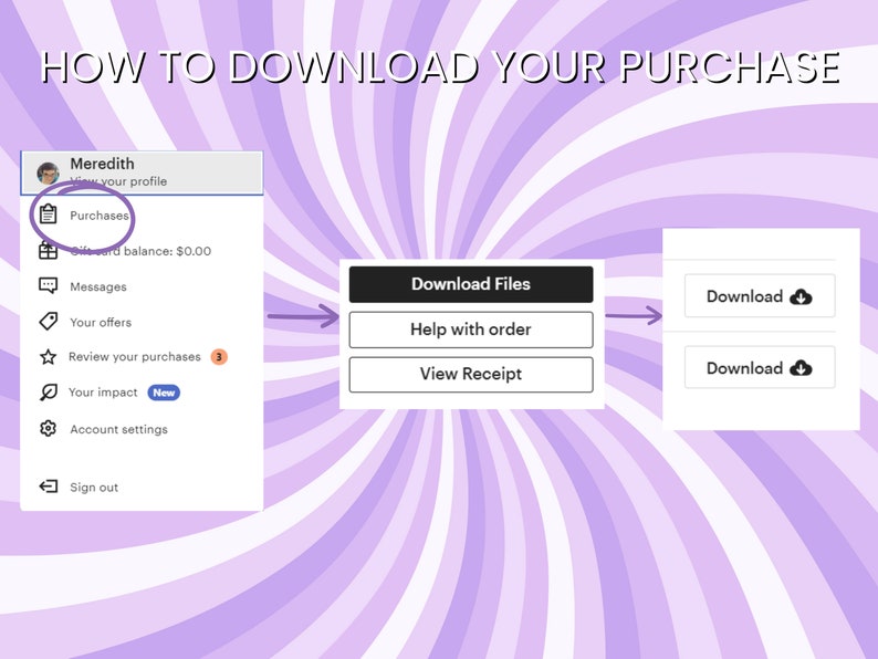 Pode incluir: Um fundo listrado roxo e branco com uma captura de tela de um site mostrando como baixar compras. O site tem um menu com op&ccedil;&otilde;es como Compras, Mensagens, Suas ofertas, Revisar suas compras, Seu impacto, Configura&ccedil;&otilde;es da conta e Sair. O site tamb&eacute;m tem um bot&atilde;o que diz "Baixar arquivos" e dois bot&otilde;es que dizem "Baixar" com um &iacute;cone de nuvem.