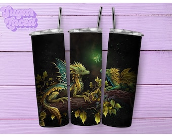 Forest Dragonlings 20oz Skinny Tumbler Sublimation Design Digital Download PNG Instant DIGITAL ONLY, Mythical Creatures Tumbler Wrap