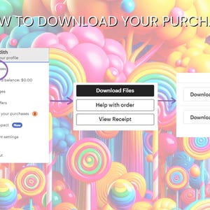 Pu&ograve; includere: Una guida digitale su come scaricare un acquisto, con uno sfondo colorato a tema caramelle. La guida mostra i passaggi per scaricare i file, incluso fare clic su "Acquisti" e poi su "Scarica".