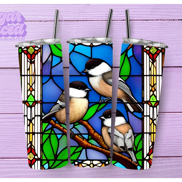 Stained Glass Chickadees 20oz Skinny Tumbler Sublimation Design Digital Download PNG Instant DIGITAL ONLY, Birds Tumbler Wrap