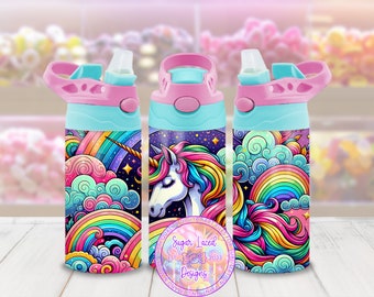 Rainbow Unicorn 12oz Kids Flip Top Sippy Cup Wrap, 12oz Straight Tumbler Sublimation PNG, Children's Unicorn Design