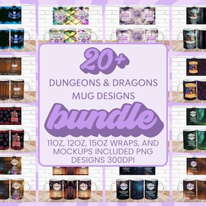 Peut inclure: Une collection de plus de 20 designs de tasses sur le thème de Donjons et Dragons. Les designs présentent divers éléments fantastiques, notamment des dragons, des épées et de la magie. Les tasses sont disponibles en tailles 11oz, 12oz et 15oz. Des maquettes sont incluses au format PNG à 300 DPI.