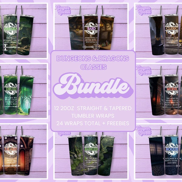 Dungeons and Dragons Funny Classes Bundle 20 oz Skinny Tumbler Sublimation Designs, Straight & Tapered Tumbler Wraps PNG