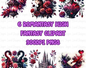 Romantasy High Fantasy Clipart, Drachenreiter Clipart, Rose Dragon Clipart Mädchen Buchgestaltung, Zauberbücher Märchenbuch Illustration Sublimationsset